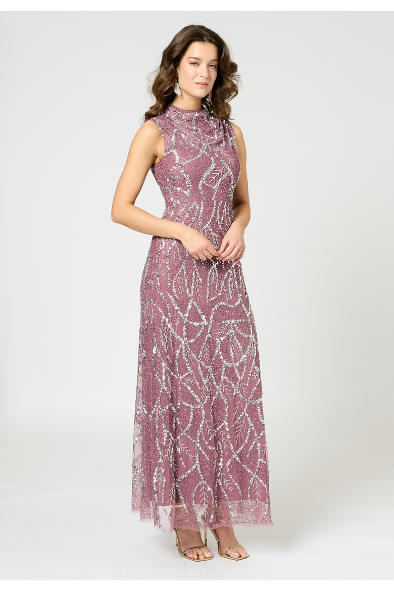 Embellished Sequin Beaded Maxi Dress with Cowl Neck, Alternate, color, MAUVE