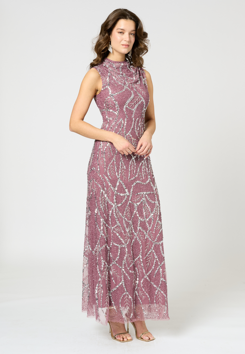 Beauut Embellished Sequin Beaded Maxi Dress With Cowl Neck In Pink