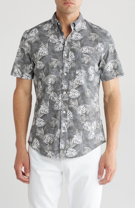 Palm Print Seersucker Button-Down Shirt