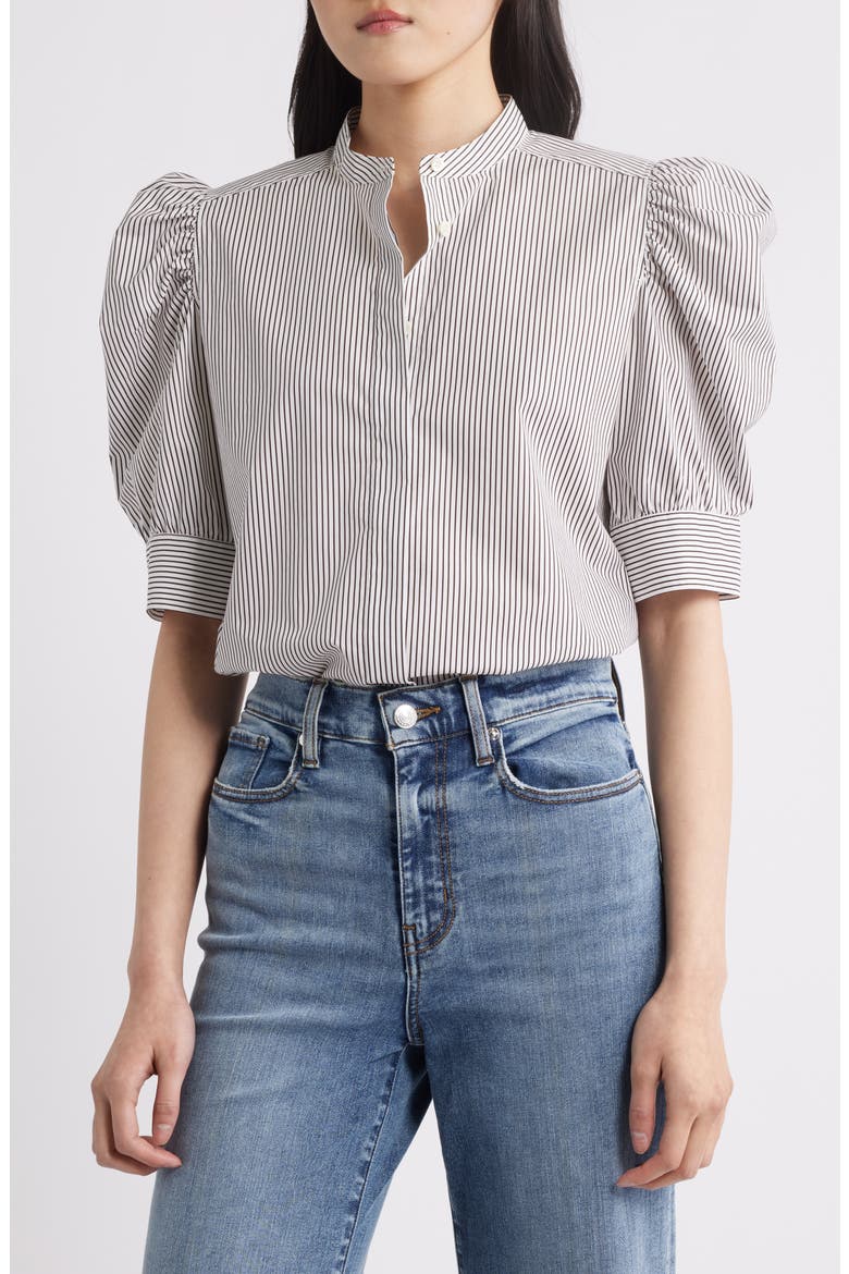 The Shirred Puff Sleeve Stripe Organic Cotton Top, Main, color, ESPRESSO MULTI