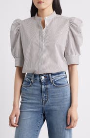 FRAME The Shirred Puff Sleeve Stripe Organic Cotton Top