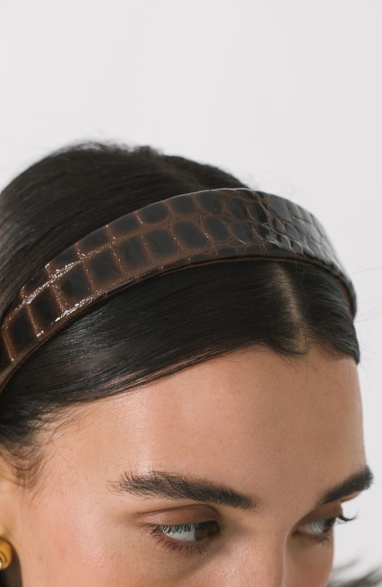 Jennifer Behr Croc Embossed Leather Headband, Alternate, color, Brown Croc