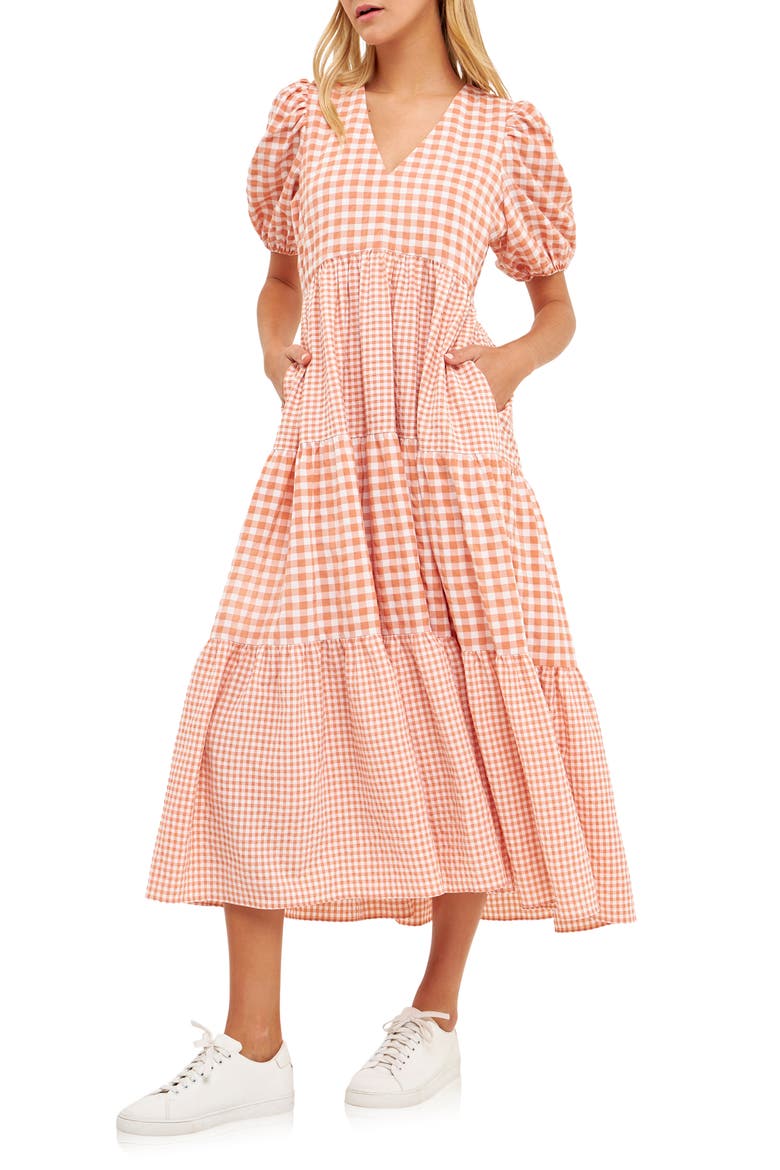 Mixed Gingham Tiered Dress, Alternate, color, SIENNA
