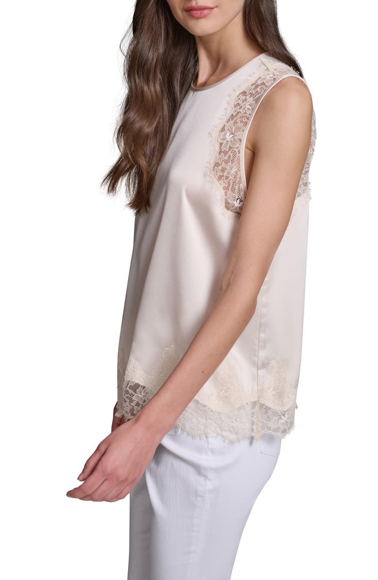 KARL LAGERFELD PARIS Eyelash Lace Trim Satin Tank, Alternate, color,
