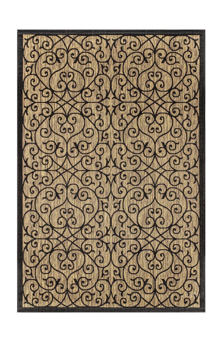 JONATHAN Y Madrid Vintage Filigree Textured Weave Indoor/Outdoor Area Rug, Main, color, Black/Khaki- Round