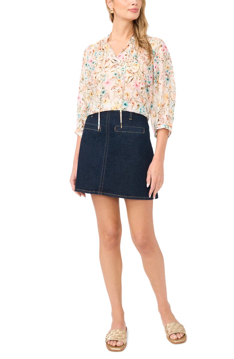 Vince Camuto Floral Ruffle Peasant Top, Alternate, color, Antique White