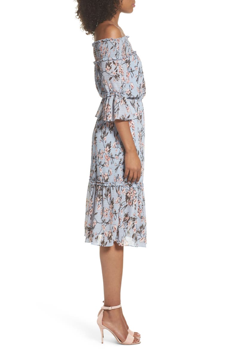 Off the Shoulder Midi Dress, Alternate, color, LIGHT BLUE SAKURA FLORAL