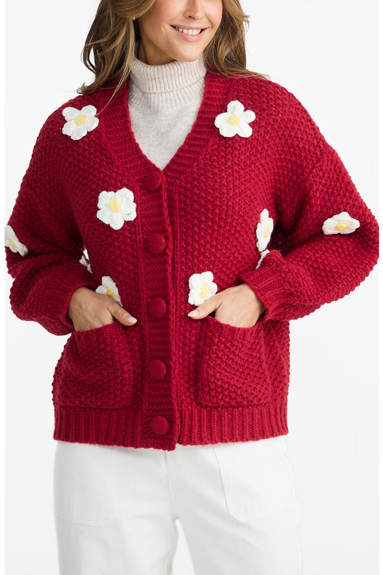 Budburst Crochet Appliqué Knit Cardigan, Alternate, color, CHERRY