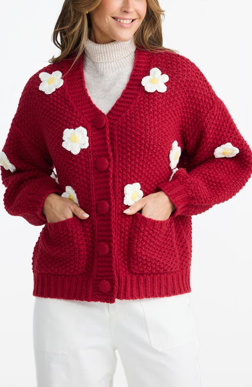 Brave + True Brave+true Budburst Crochet Appliqué Knit Cardigan In Red