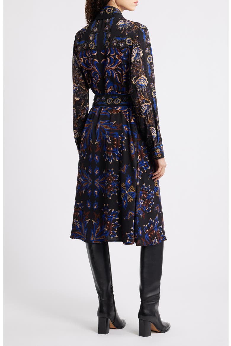 Arabesque Mix Scarves Long Sleeve Tie Belt Shirtdress, Alternate, color, BLACK