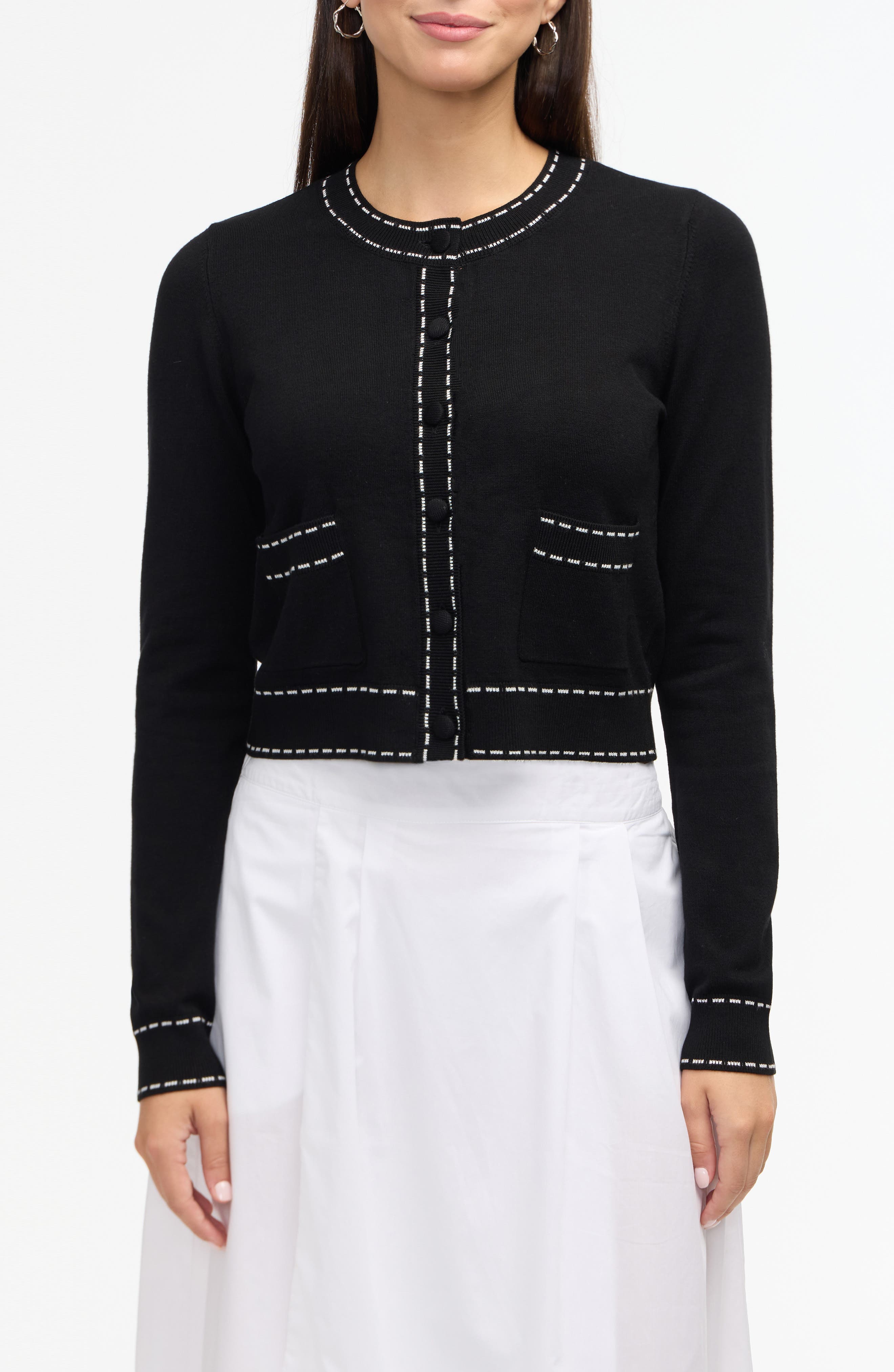 Ellen Tracy Contrast Trim Sweater Knit Cardigan