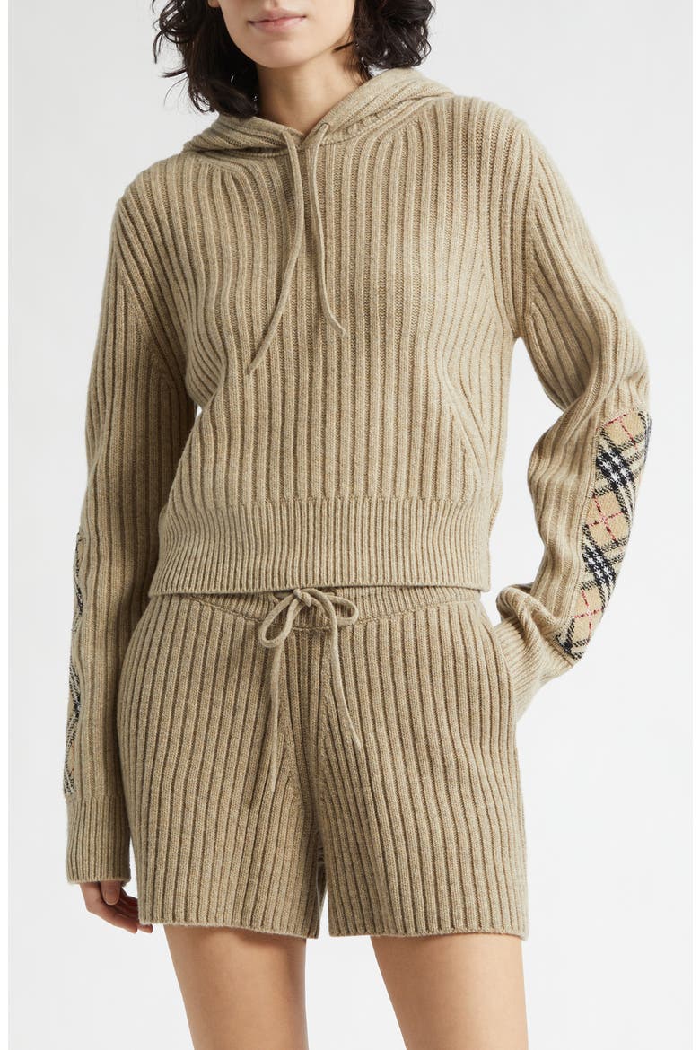 Phyllis Check Patch Hooded Rib Wool & Cashmere Sweater, Main, color, LIGHT BROWN MELANGE