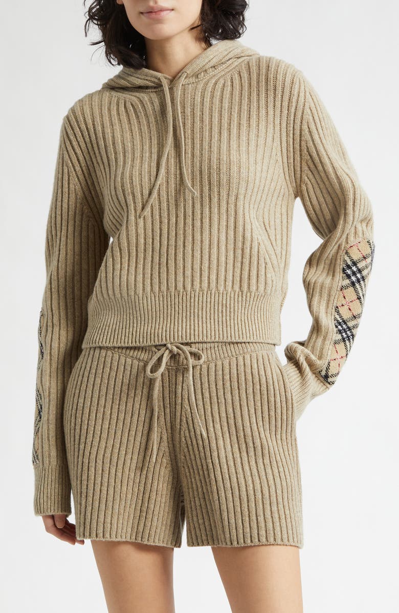 Burberry Phyllis Check Patch Hooded Rib Wool & Cashmere Sweater, Main, color, Light Brown Melange