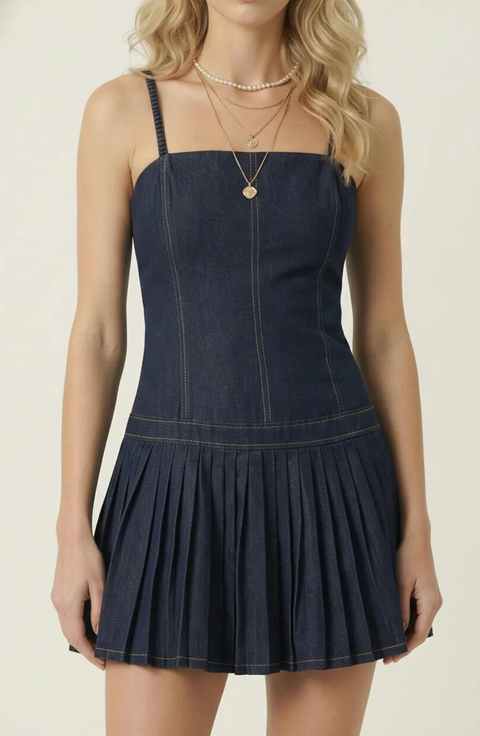 Spaghetti Strap Pleated Denim Mini Dress