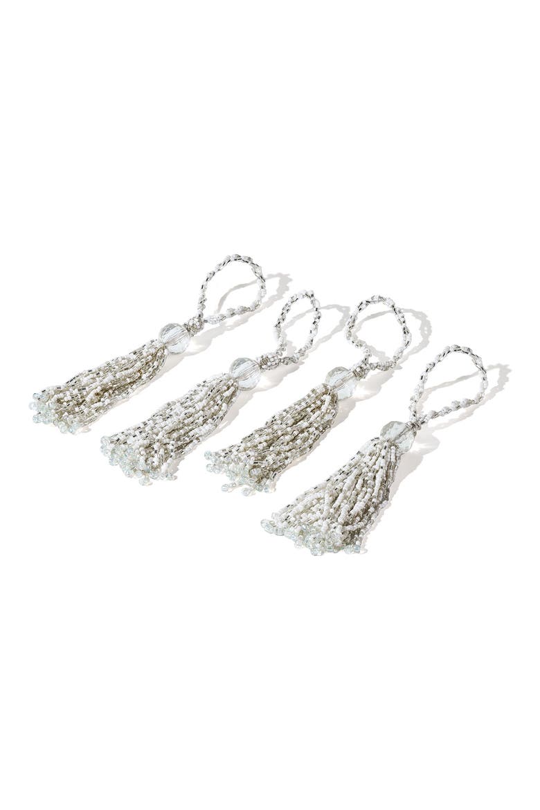 Celeste Cascade Set of 4 Beaded Napkin Rings, Main, color, WHITE/ SILVER