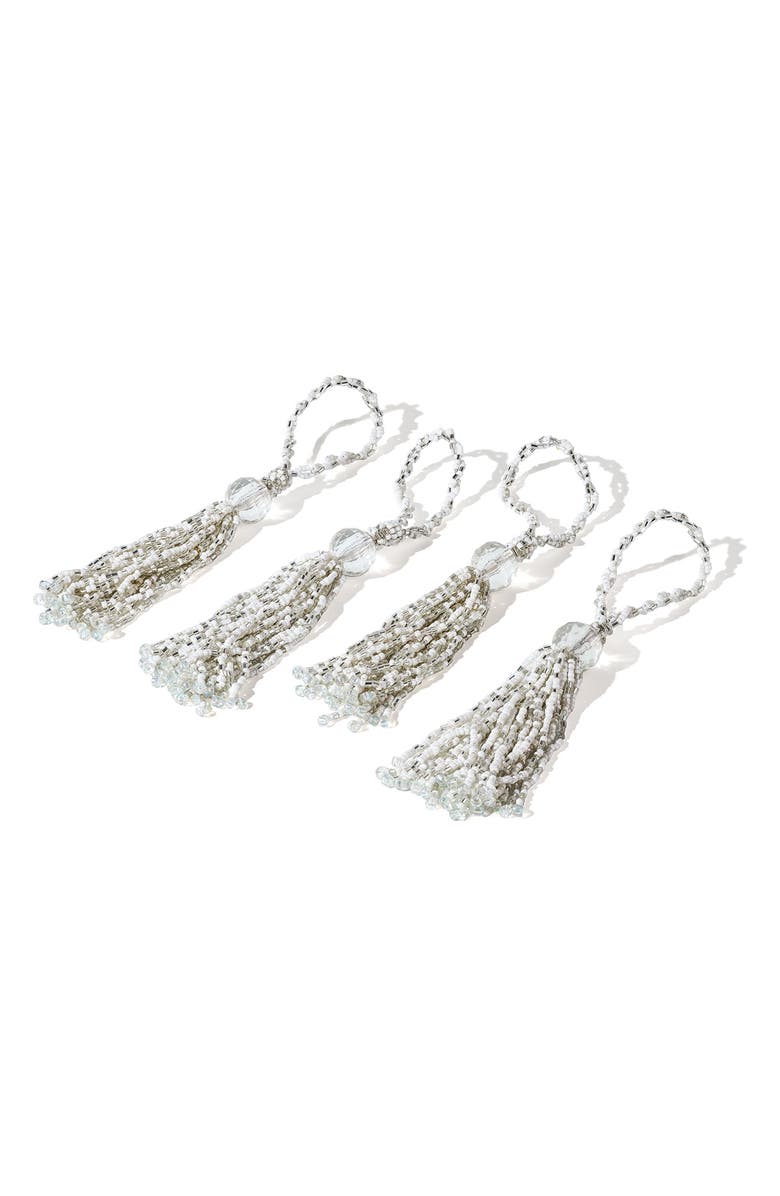 Tiramisu Celeste Cascade Set of 4 Beaded Napkin Rings, Main, color, White/ Silver