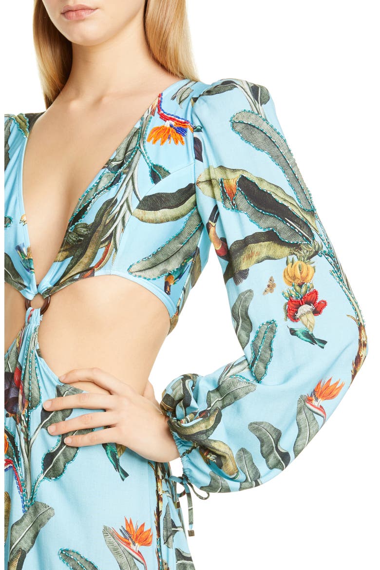 Tropical Long Sleeve Cutout Gown, Alternate, color, CERULEAN