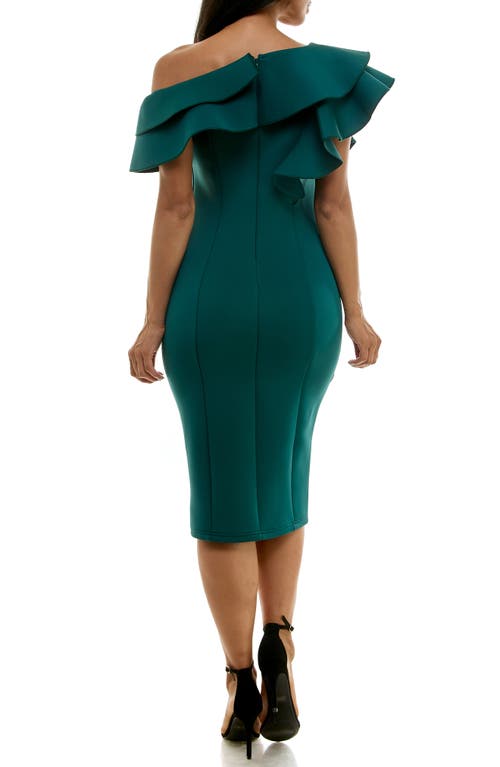 Nina Leonard Ruffle One-shoulder Scuba Sheath Dress In Emerald