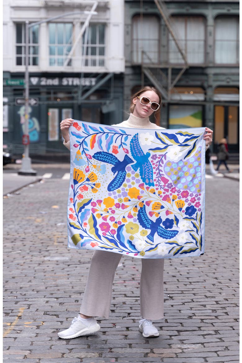 Double Sided Silk Scarf of Blue Birds, Alternate, color, Blue