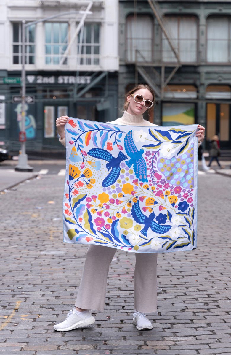 Jessie Zhao New York Double Sided Silk Scarf of Blue Birds, Alternate, color, Blue