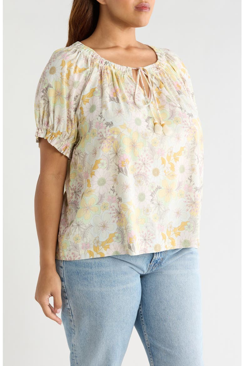 Floral Gathered Split Neck Top, Alternate, color, PRISTINE MULTI