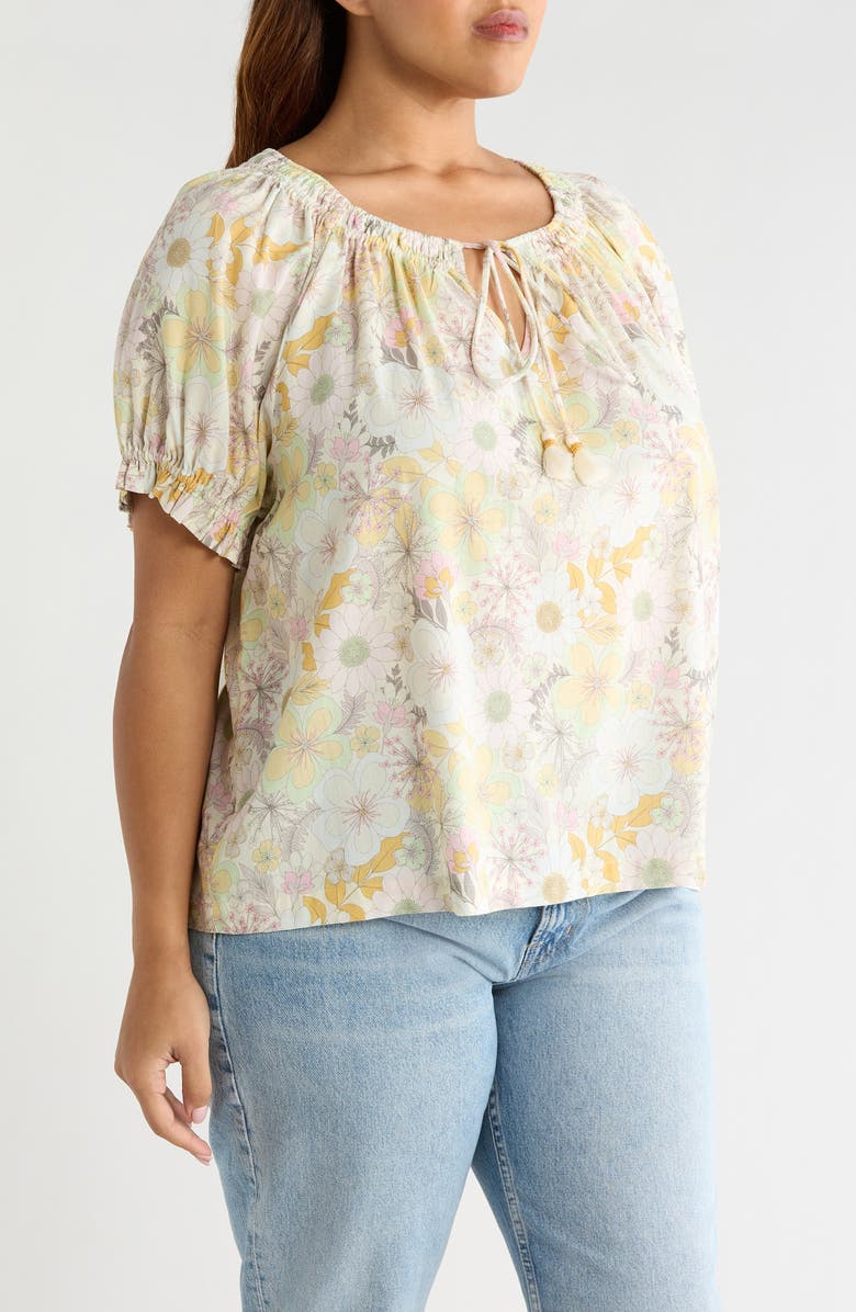 Liverpool Los Angeles Floral Gathered Split Neck Top, Alternate, color, Pristine Multi