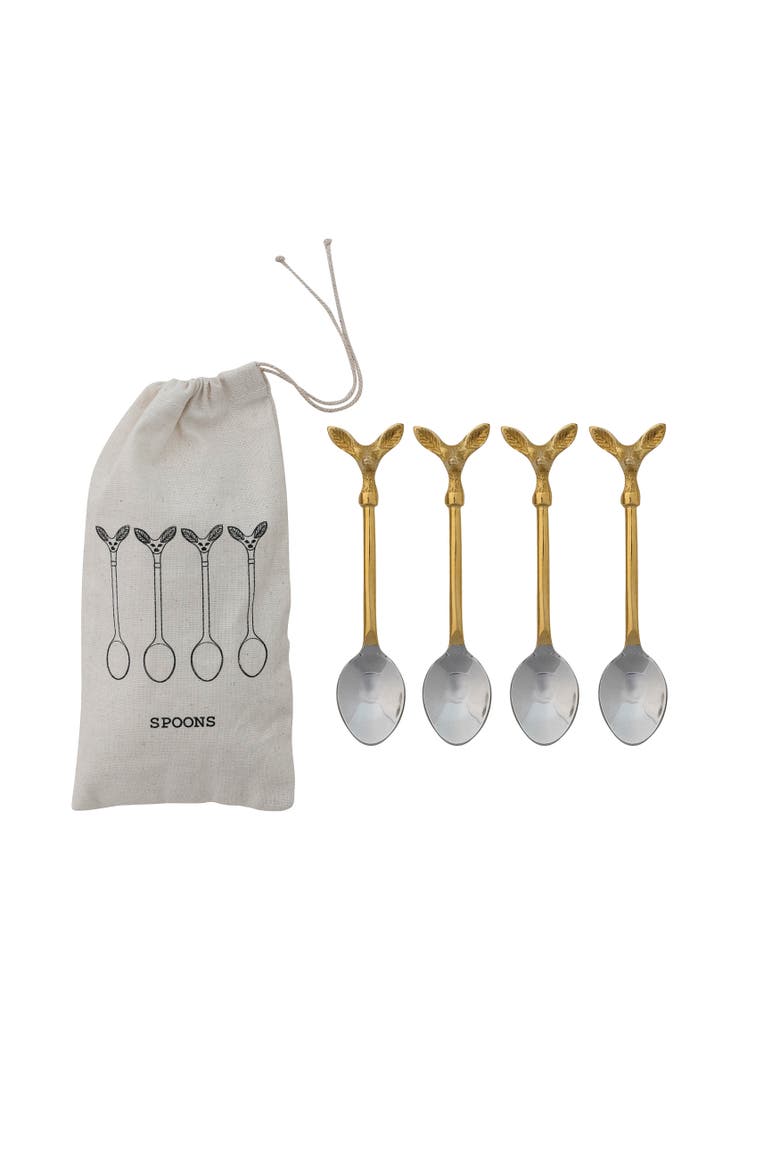 Deer Head Brass & Steel Coffee Spoons, Set of 4, Main, color, Silver and Brass