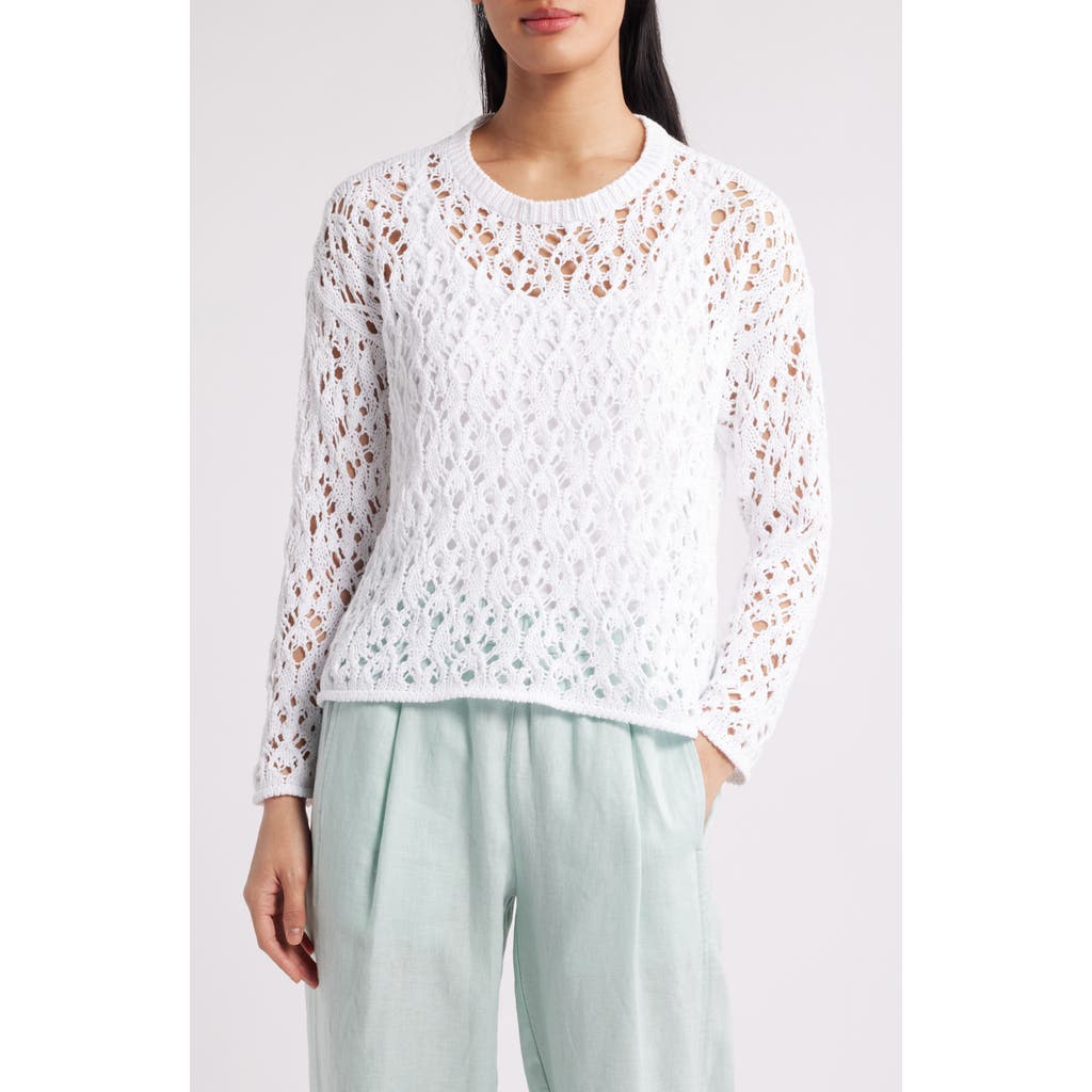 Eileen Fisher Crewneck Open-knit Organic Cotton Sweater In White