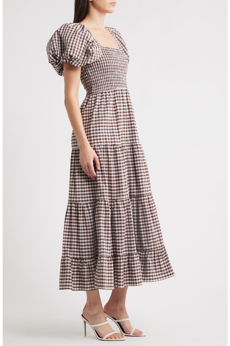 Pollen Gingham Check Midi Dress, Alternate, color, BROWN