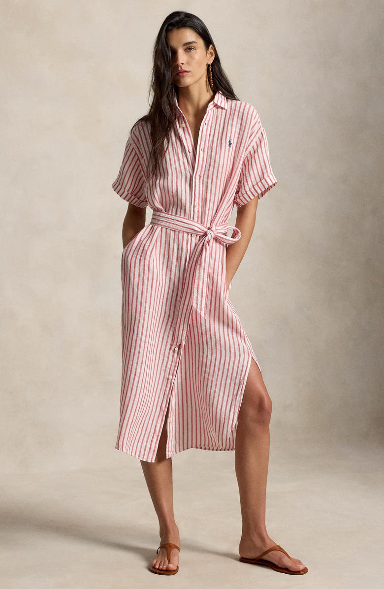 Polo Ralph Lauren Stripe Short Sleeve Linen Shirtdress, Alternate, color, Red/ White