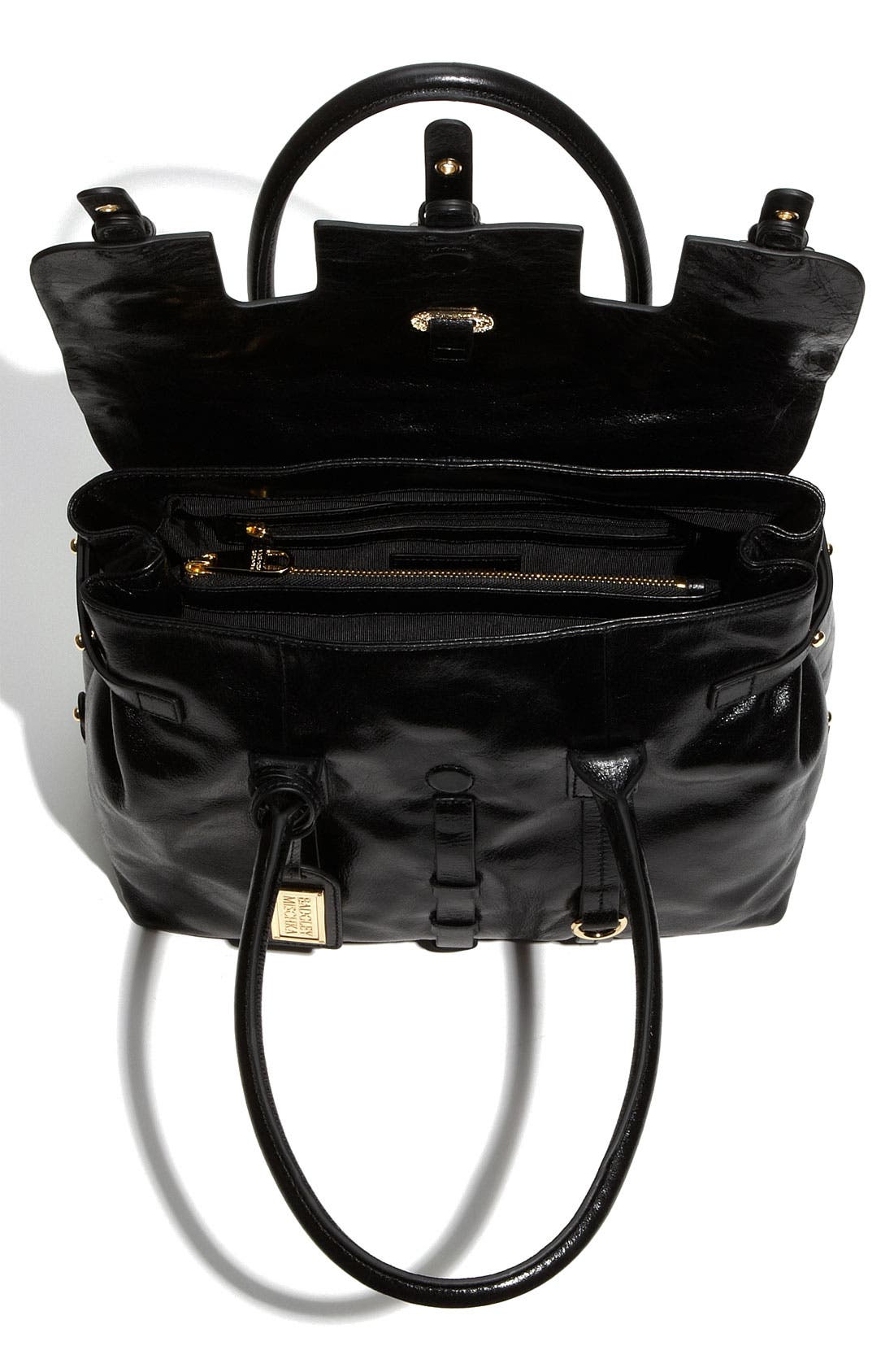 Badgley Mischka Leather Flap Satchel, Alternate, color, BLACK