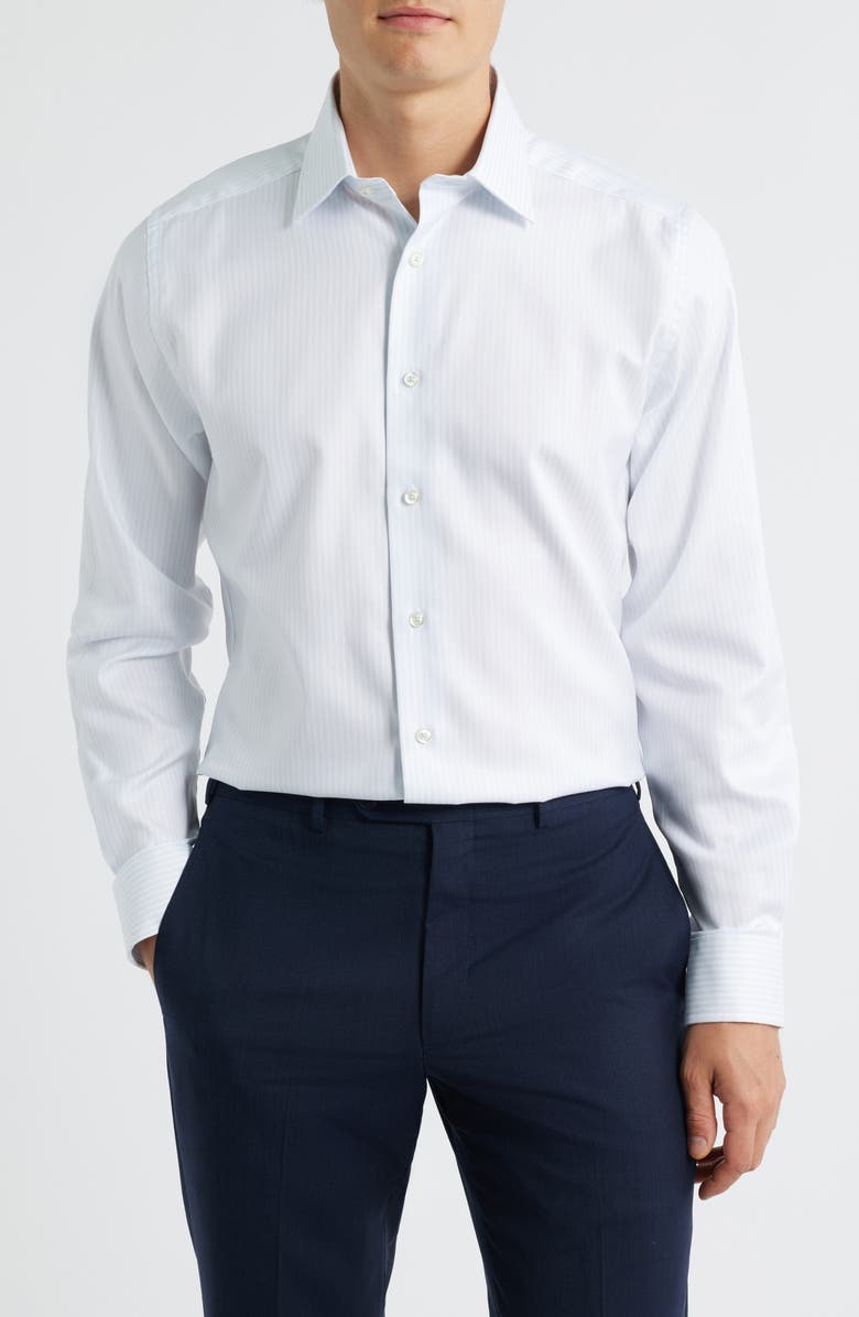 David Donahue Trim Fit Stripe Cotton Dress Shirt, Main, color, White/ Sky