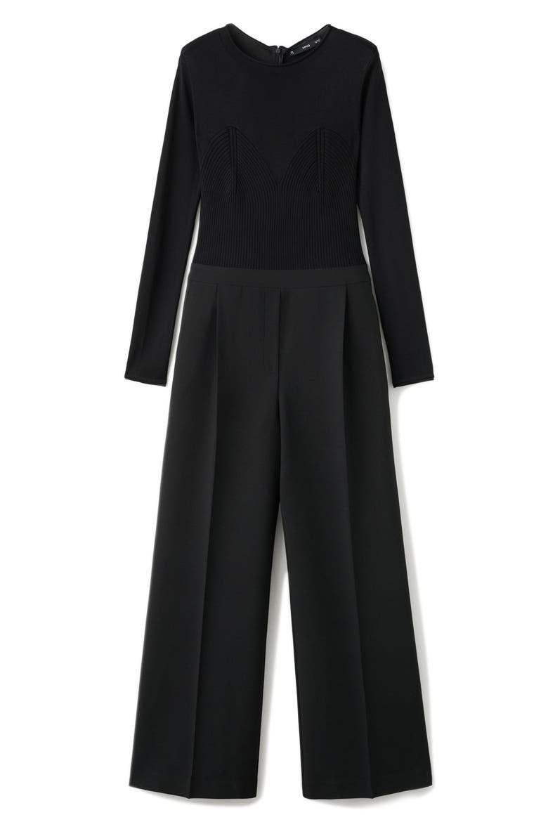 Long Sleeve Wide Leg Mixed Media Jumpsuit, Main, color, BLACK