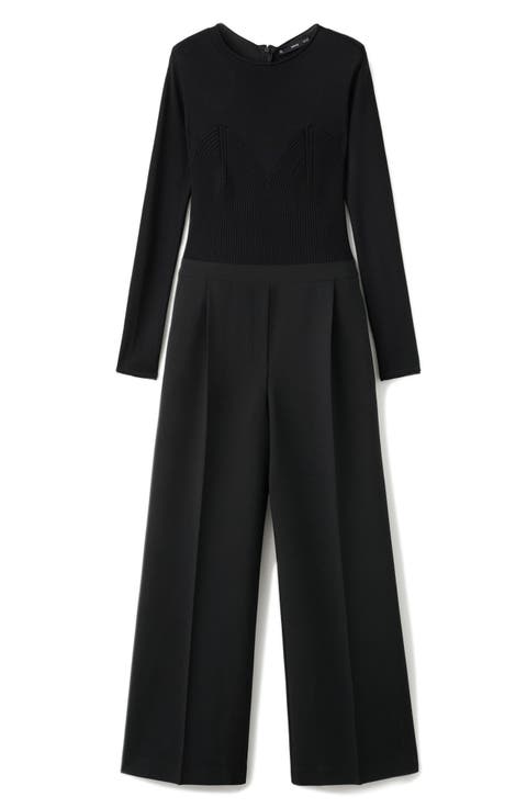 Long Sleeve Wide Leg Mixed Media Jumpsuit