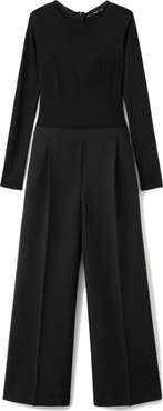 MANGO Long Sleeve Wide Leg Mixed Media Jumpsuit