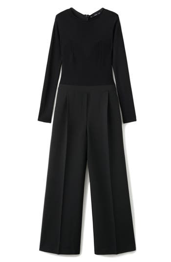 Mango Long Sleeve Wide Leg Mixed Media Jumpsuit In Black