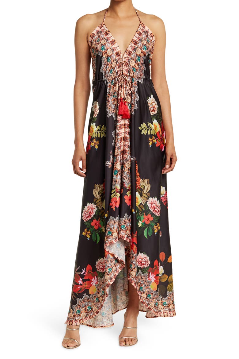 Floral Print Halter Cover-Up Dress, Main, color, BLACK