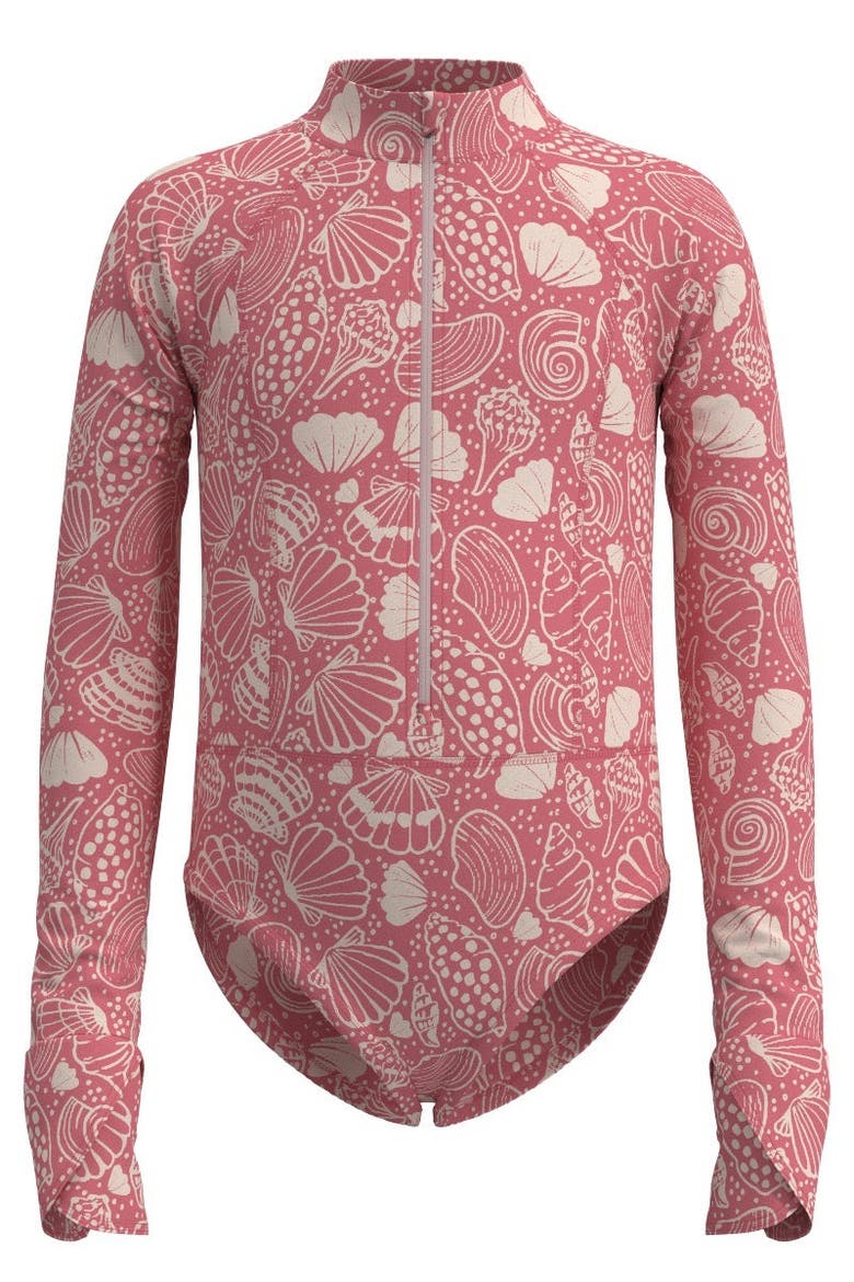 Aricia Koko Long Sleeve Swimsuit, UPF 50+ Sun Protection, Main, color, Sunkist Coral Shell Dream