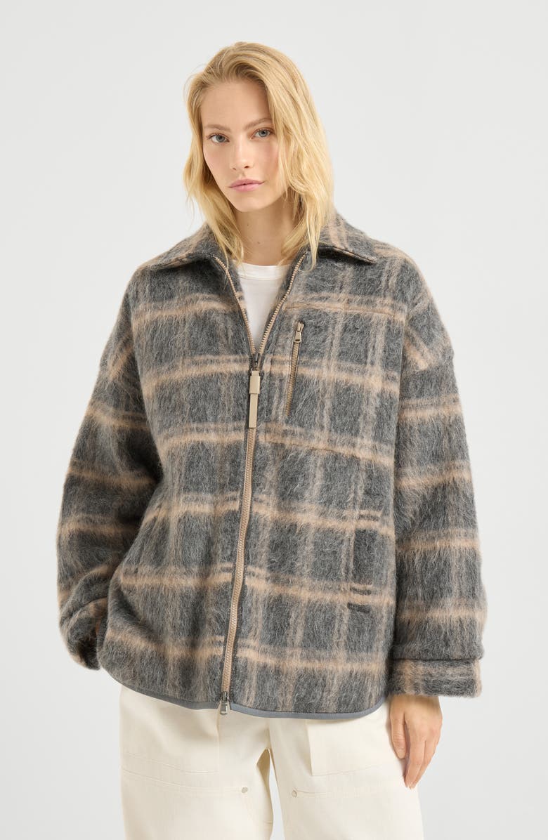 Brunello Cucinelli Jacquard check knit outerwear jacket, Alternate, color, Grey