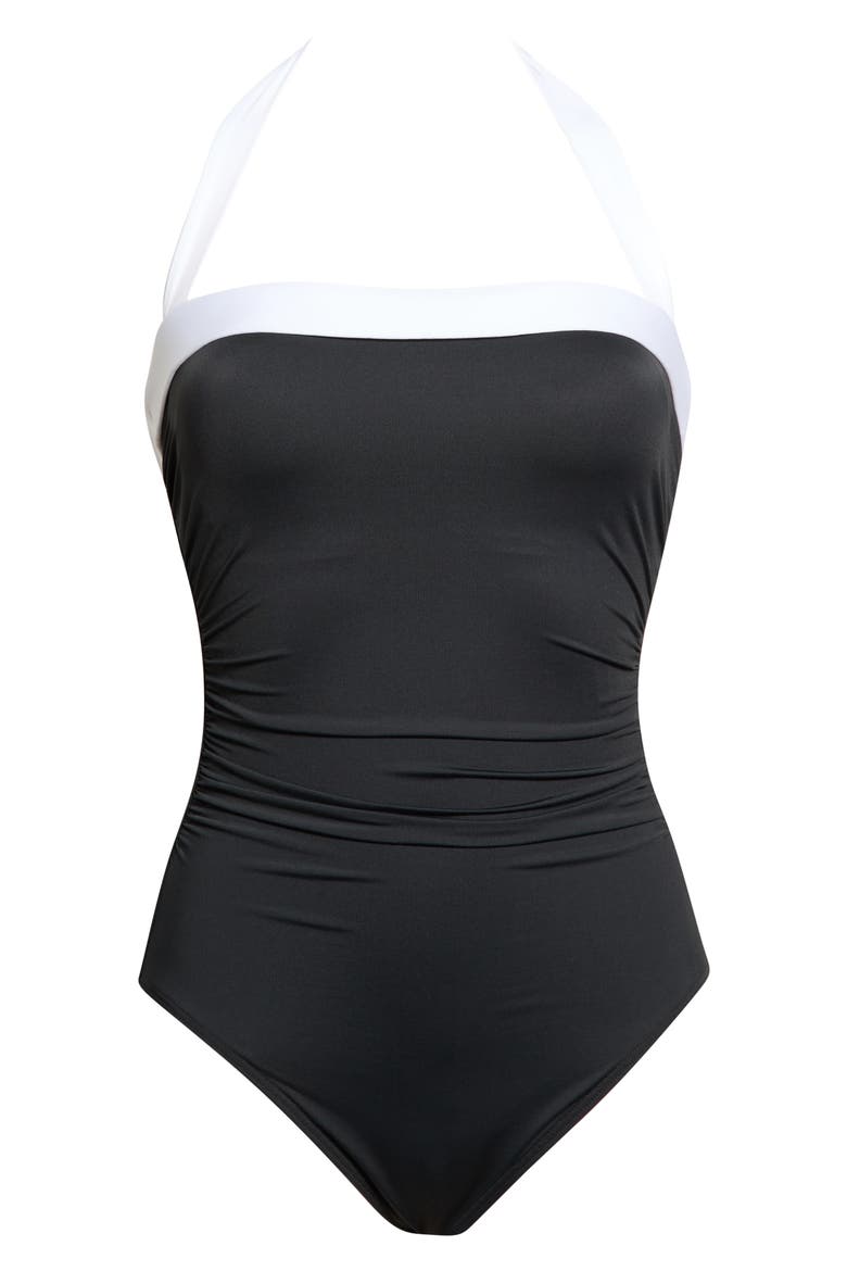 Shirred Bandeau Halter One-Piece Swimsuit, Alternate, color, BLACK