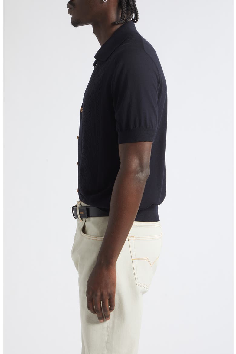 Greca Stitch Short Sleeve Cardigan, Alternate, color, NAVY