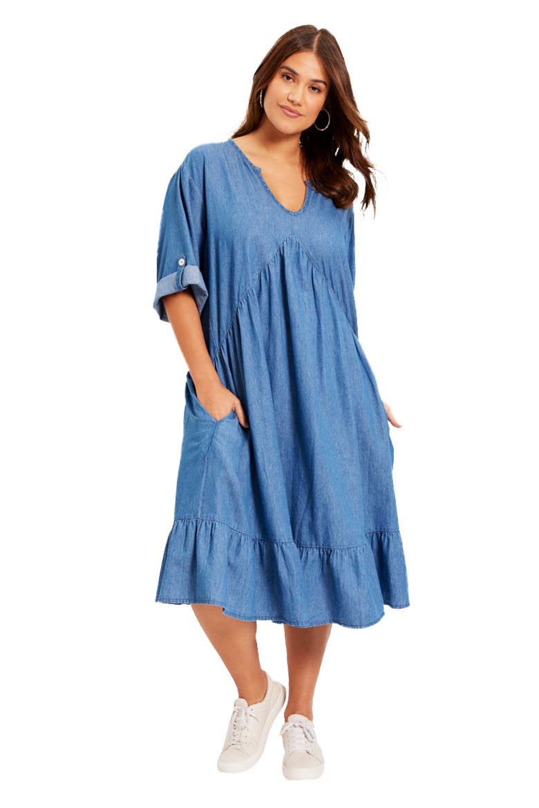 Ruffled Denim Dress, Main, color, MEDIUM WASH