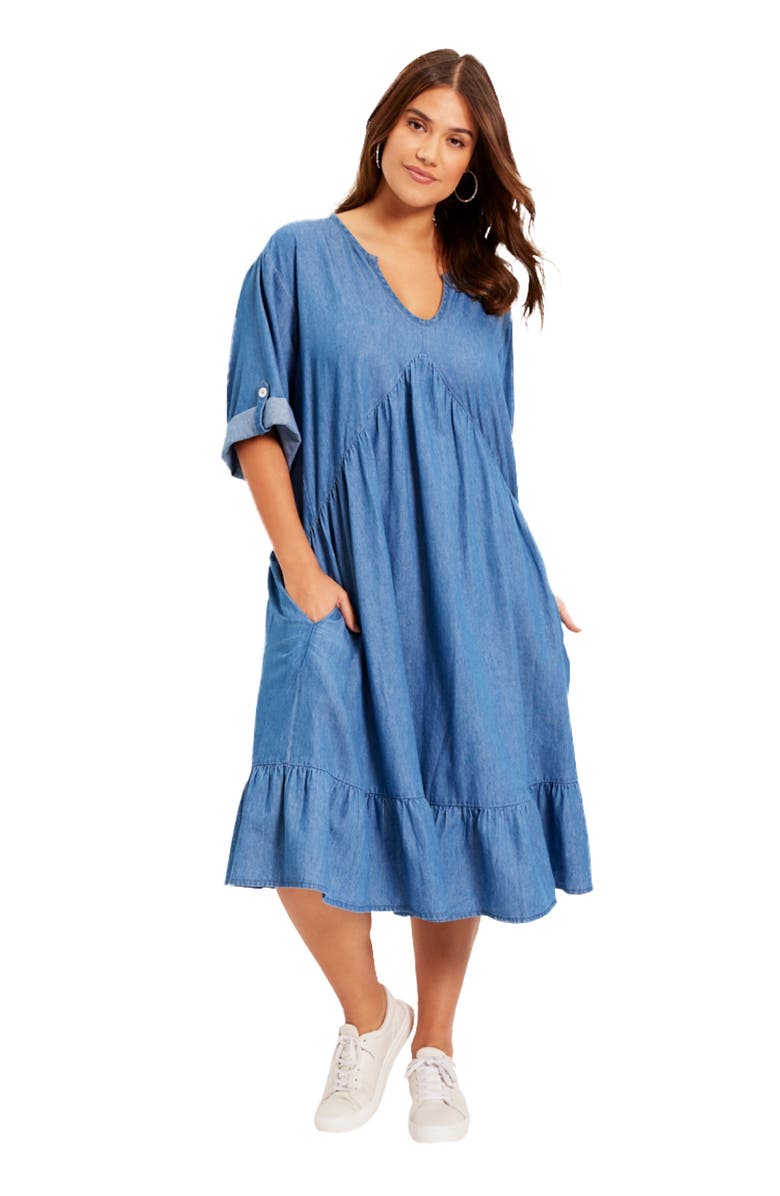 June + Vie Ruffled Denim Dress, Main, color, Medium Wash