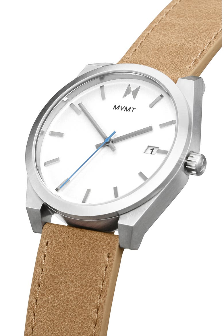 MVMT Element Leather Strap Watch, 43mm, Alternate, color, BROWN/ SILVER