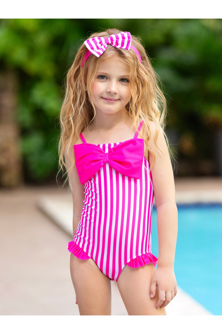 Seaside Stripes Pink Bow One-Piece Swimsuit, Alternate, color, Pink