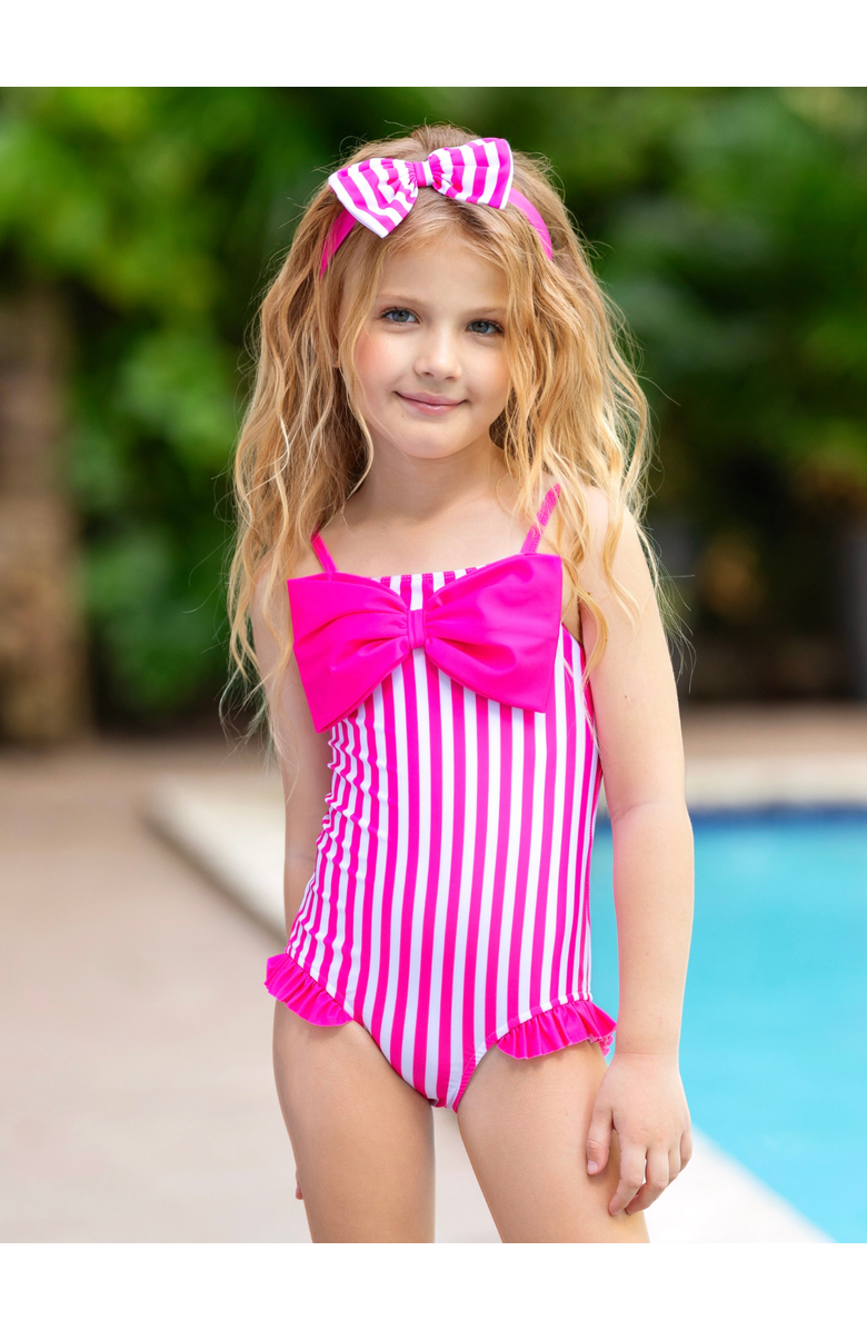 Mia Belle Girls Seaside Stripes Pink Bow One-Piece Swimsuit, Alternate, color, Pink
