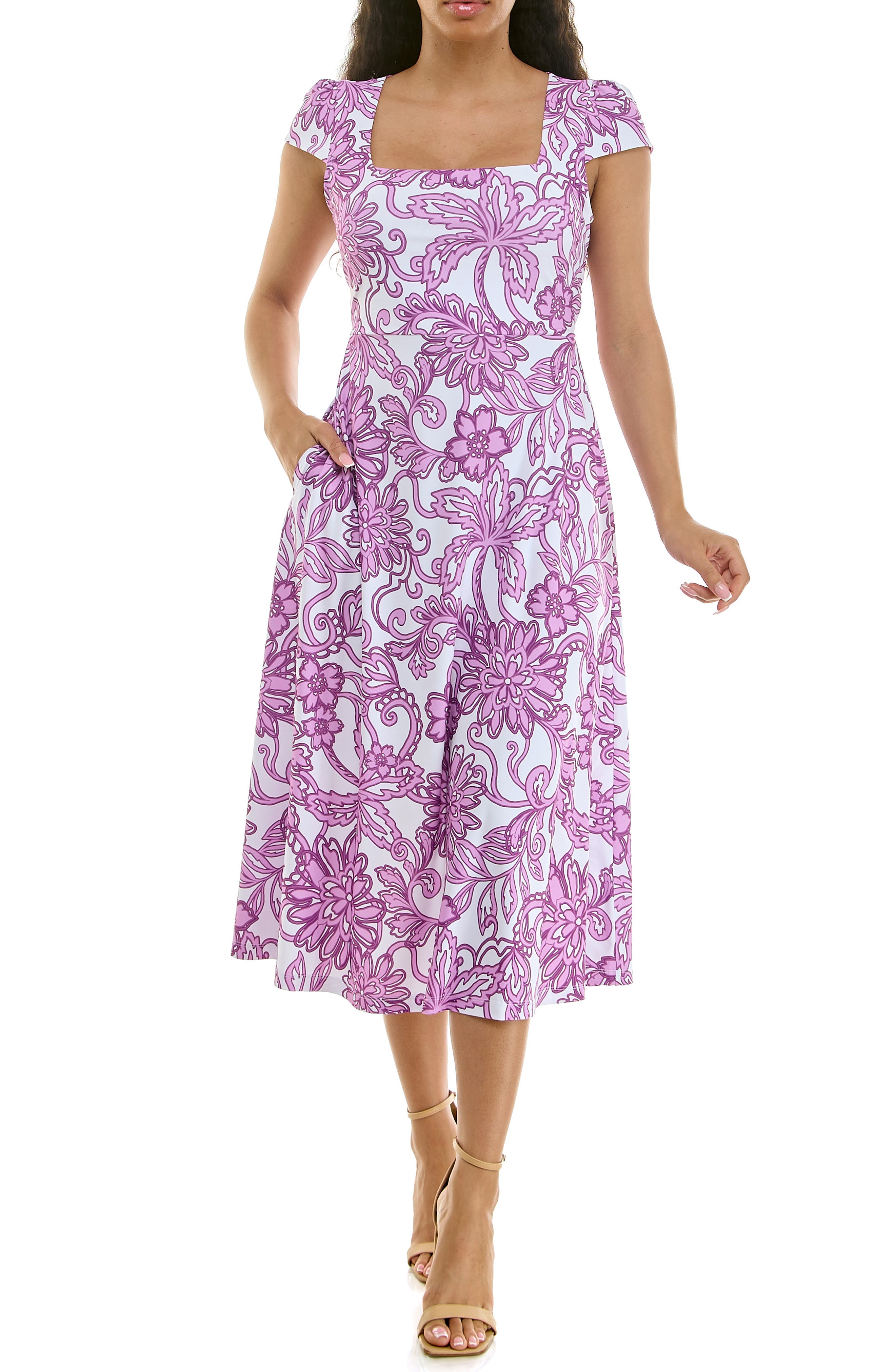Nina Leonard Floral Cap Sleeve Fit & Flare Dress