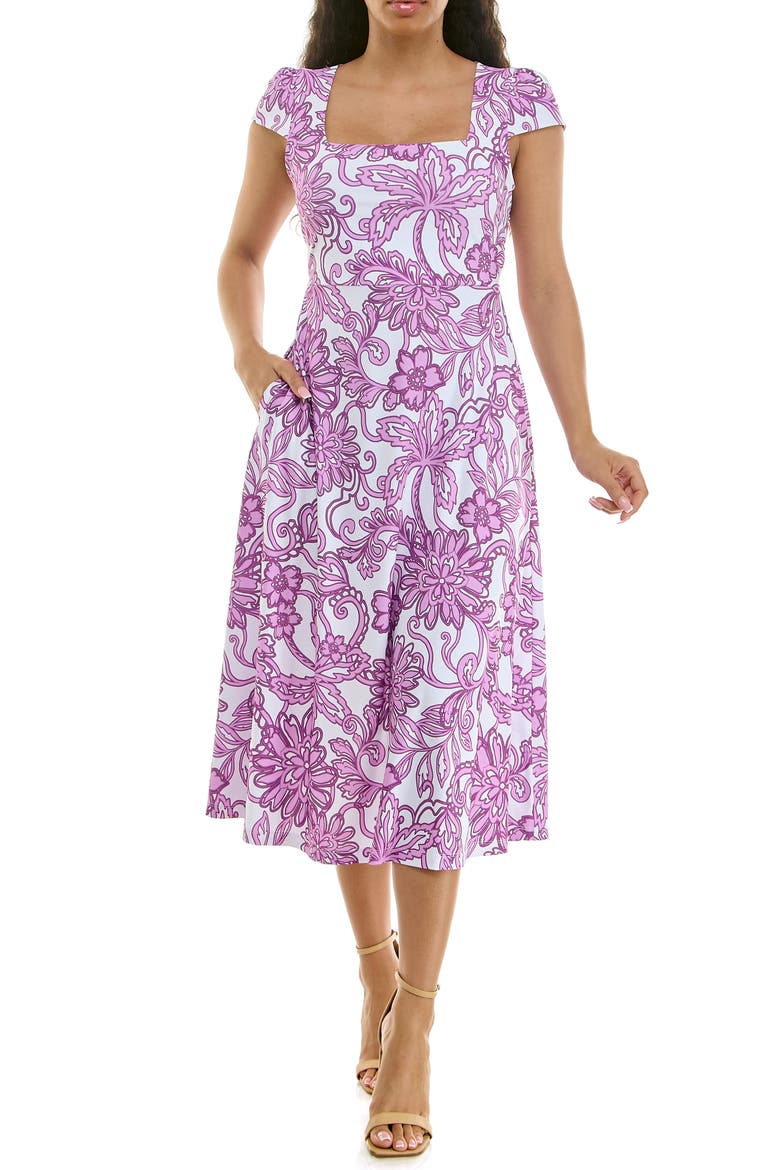 Floral Cap Sleeve Fit & Flare Dress, Main, color, VIOLET MULTI