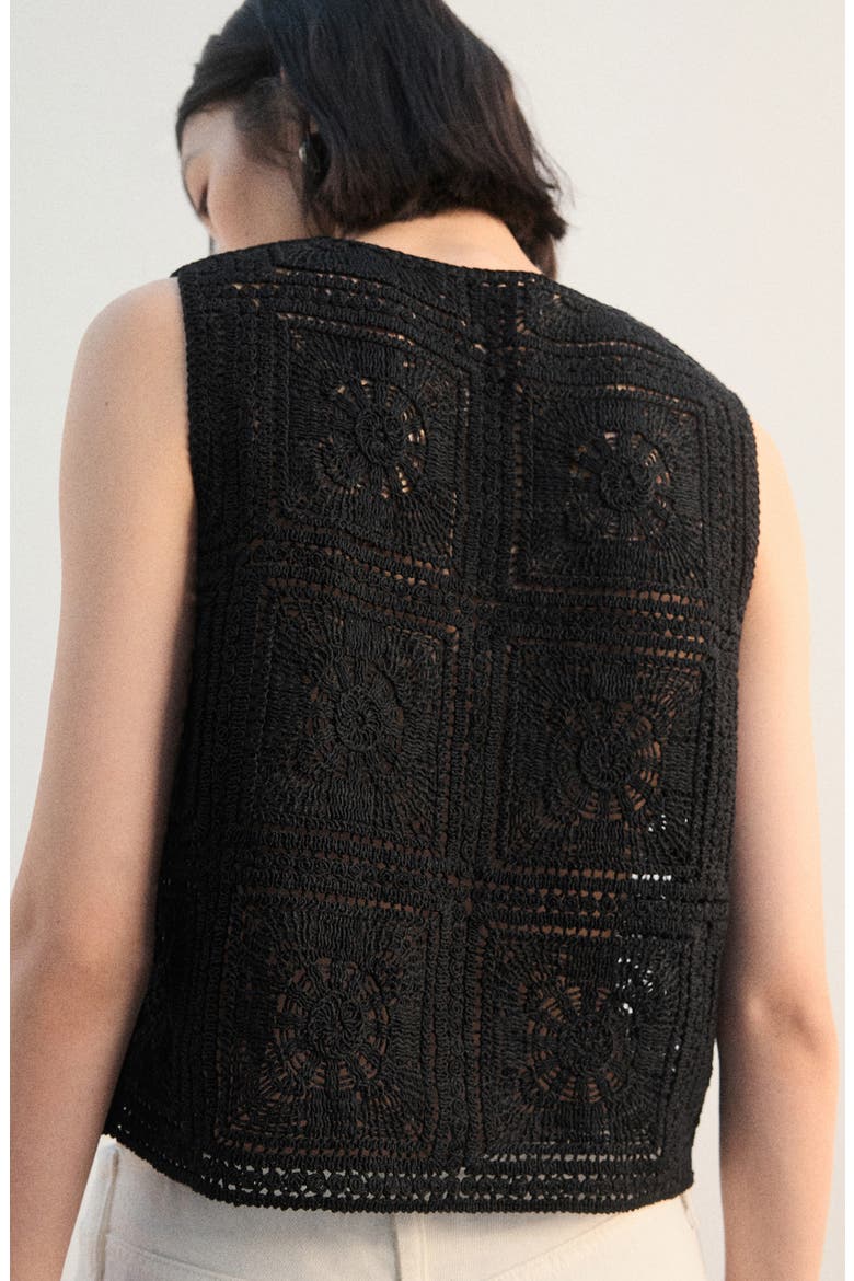 Sleeveless Crochet Button-Up Top, Alternate, color, BLACK