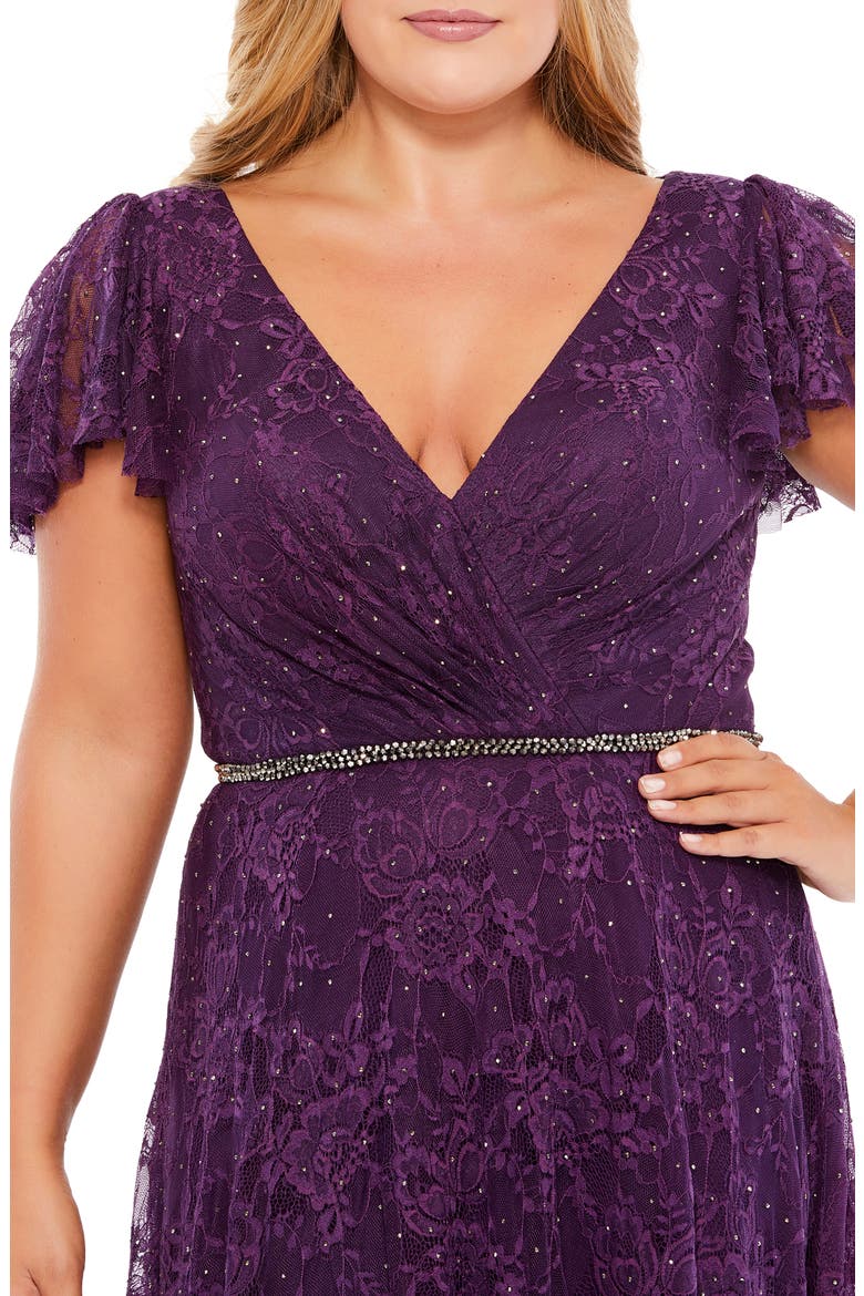Ruffle Sleeve Lace Gown, Alternate, color, AUBERGINE